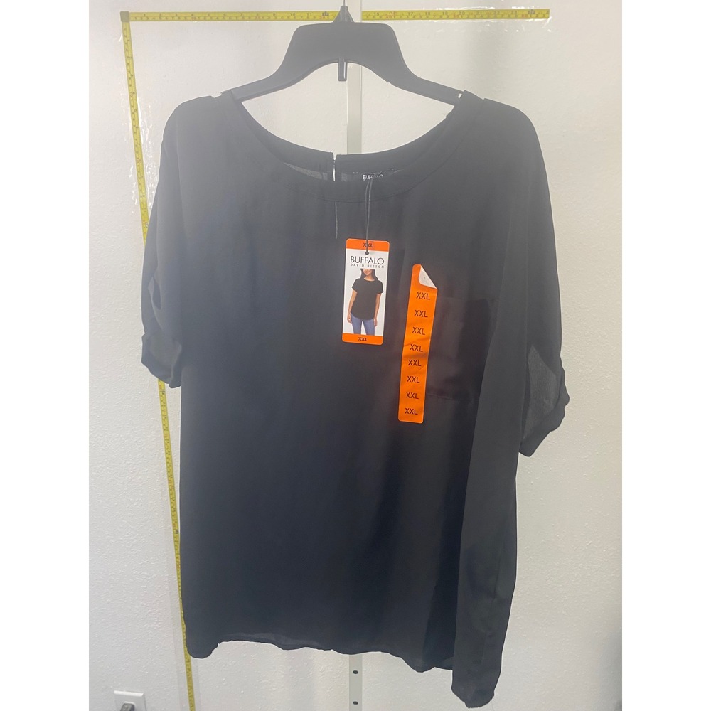 Buffalo David Bitton Black Short Sleeve Blouse XXL NWT Sheer Pocket Top